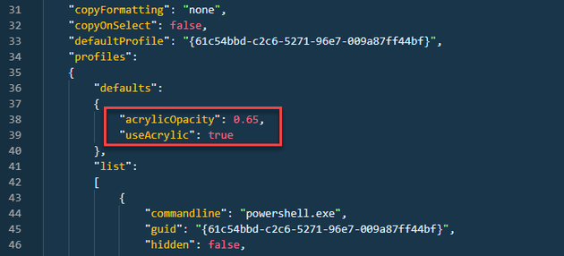 Windows Terminal JSON UseAcrylic