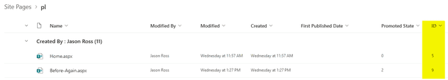 Site Pages Library with ID column added to the view