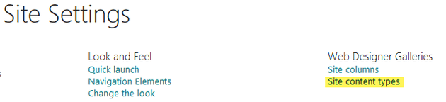 Showing site content types under the web designer galleries heading