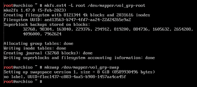 Format the root and swap partitions using mkfs and mkswap