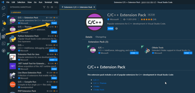 Install C/C++ Extension Pack in Visual Studio Code