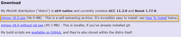 Click the download the MinGW installer for Windows